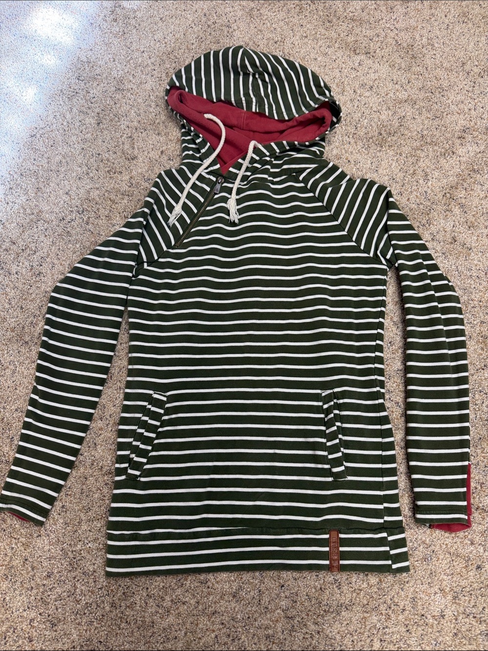 AMPERSAND AVE Green & White Striped Hooded Pullover with Maroon Lining
